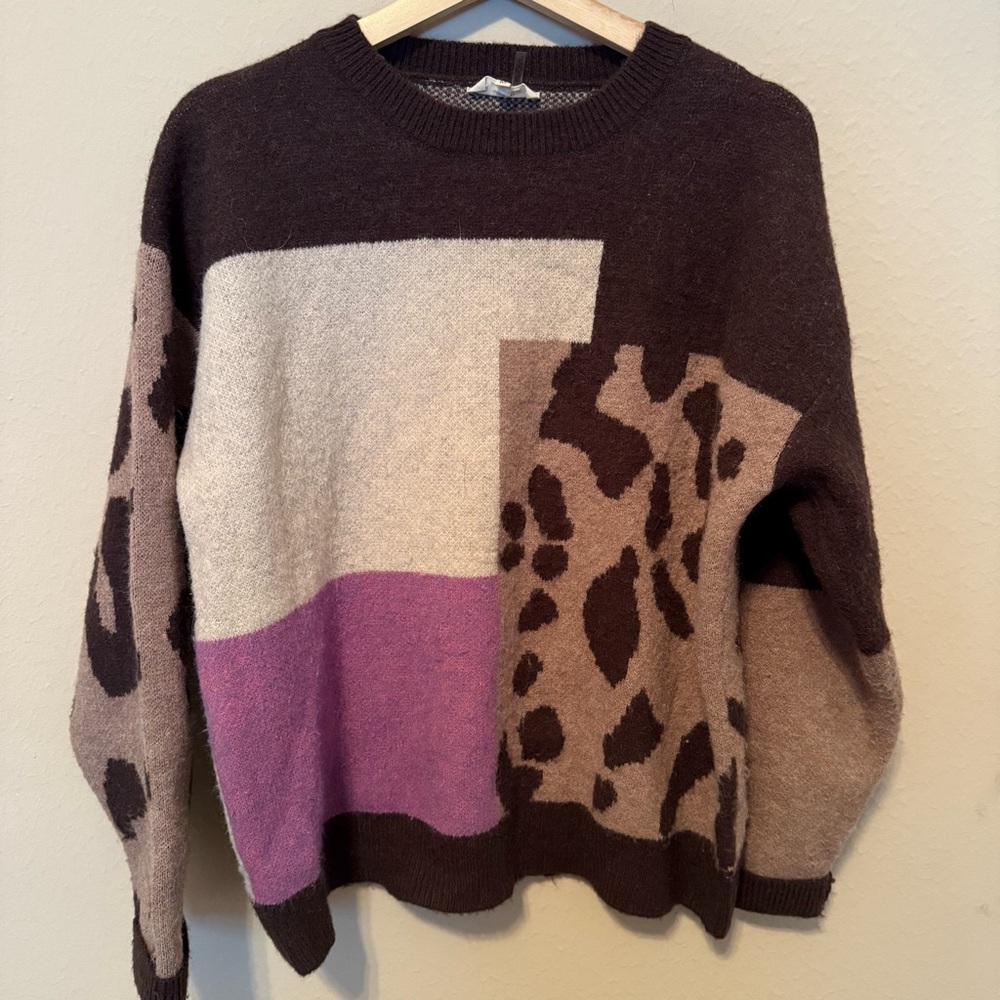 Entro Color Block Sweater Women’s Medium Leopard Spots 80s Style Preppy